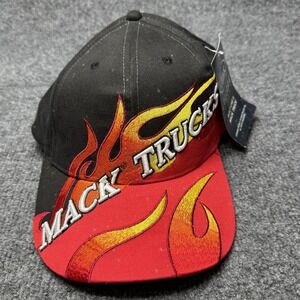 Mack Trucks Bulldog Basics Hat Mens OSFM Black Red Flames Retro Trucker
